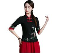 GaoLeAve Camicetta da donna ricamata cinese con maniche a 3/4, colletto alla coreana, sottile, floreale, camicia Qipao vintage etnica casual top, 8C, S