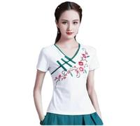 GaoLeAve Camicetta da donna ricamata cinese con maniche a 3/4, colletto alla coreana, sottile, floreale, camicia Qipao vintage etnica casual top, 33J, L