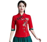 GaoLeAve Camicetta da donna ricamata cinese con maniche a 3/4, colletto alla coreana, sottile, floreale, camicia Qipao vintage etnica casual top, 12D, XL