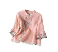 GaoLeAve Camicetta da donna ricamata cinese, in cotone e lino, manica a 3/4, con bottoni a forma di rana, vintage, etnico, casual, estiva, 3-pk8, S