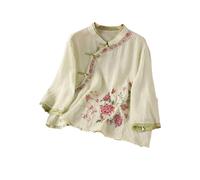 GaoLeAve Camicetta da donna ricamata cinese, in cotone e lino, manica a 3/4, con bottoni a forma di rana, vintage, etnico, casual, estiva, 6-albicocca, XS