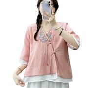 GaoLeAve Camicetta da donna ricamata cinese, in cotone e lino, manica a 3/4, con bottoni a forma di rana, vintage, etnico, casual, estiva, 2-pk8, L