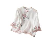 GaoLeAve Camicetta da donna ricamata cinese, in cotone e lino, manica a 3/4, con bottoni a forma di rana, vintage, etnico, casual, estiva, 3-bianco, S