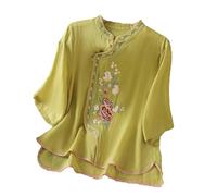 GaoLeAve Camicetta da donna ricamata cinese, in cotone e lino, manica a 3/4, con bottoni a forma di rana, vintage, etnico, casual, estiva, 5-giallo, M