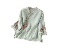 GaoLeAve Camicetta da donna ricamata cinese, in cotone e lino, manica a 3/4, con bottoni a forma di rana, vintage, etnico, casual, estiva, 7-blu, XS