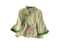 GaoLeAve Camicetta da donna ricamata cinese, in cotone e lino, manica a 3/4, con bottoni a forma di rana, vintage, etnico, casual, estiva, 6-EN8, L