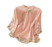 GaoLeAve Camicetta da donna ricamata cinese, in cotone e lino, manica a 3/4, con bottoni a forma di rana, vintage, etnico, casual, estiva, 4-pk8, XL