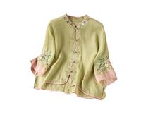 GaoLeAve Camicetta da donna ricamata cinese, in cotone e lino, maniche a 3/4, bottoni sul davanti, floreale, casual, ampio, vintage, etnico, estivo, EN8, M