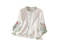GaoLeAve Camicetta da donna ricamata cinese, in cotone e lino, maniche a 3/4, bottoni sul davanti, floreale, casual, ampio, vintage, etnico, estivo, bianco, L