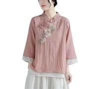 GaoLeAve Camicia cinese da donna ricamata in cotone e lino, colletto alla coreana, maniche a tre quarti, vintage, casual, Hanfu, camicie top, Pk8, S