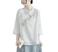 GaoLeAve Camicia cinese da donna ricamata in cotone e lino, colletto alla coreana, maniche a tre quarti, vintage, casual, Hanfu, camicie top, bianco, XS