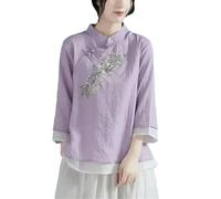 GaoLeAve Camicia cinese da donna ricamata in cotone e lino, colletto alla coreana, maniche a tre quarti, vintage, casual, Hanfu, camicie top, Viola, L