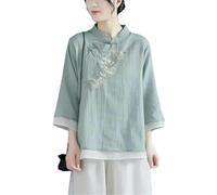 GaoLeAve Camicia cinese da donna ricamata in cotone e lino, colletto alla coreana, maniche a tre quarti, vintage, casual, Hanfu, camicie top, EN8, M