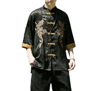 GaoLeAve Golden Dragon Camicia da uomo in seta di ghiaccio casual a maniche corte top retrò kung fu camicie tradizionali, Nero , XL