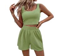 GaoLeAve Maglia a costine da donna, due pezzi, con pantaloncini, senza maniche, canottiera corta e pantaloncini a vita alta, abbigliamento estivo da lounge, Hell En8, S