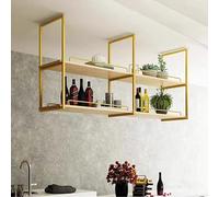 Gaommini Mensola da parete in legno per cucina con struttura in ferro nero e oro, mensole sospese a soffitto, mensole galleggianti per ristorante, cucina, bar, portabottiglie(Gold,80x30x80cm)