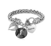 Gaosh Bracciale Commemorativo Personalizzato con Foto e Ali, bracciale Cuore con Incisione Nome in Acciaio Inossidabile per Donna Uomo, Regalo Commemorativo (A)
