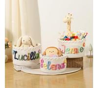 Gaosh Cesto Portaoggetti Personalizzato con Nome Ricamato per Neonati, Cesto Portaoggetti Piccolo & Grande Cotone per Biancheria e Giocattoli, Cesto Vimini con Manici (A)