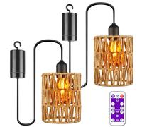 GAOUTO 2 Pezzi Lampadario in Rattan, E27 Illuminazione da Esterno Lampada a Sospensione con Batteria, Lampada a Sospensione Portatile in Rattan Stile Boho, Lampada a Sospensione per Esterno per Patio
