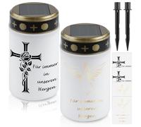 GAOUTO 2 pezzi luce funeraria solare a LED con picchetto, candela tomba impermeabile solare con 4 adesivi, lampada da cimitero, per esterni, con sensore di luce, per esterni, 7 x 12 cm