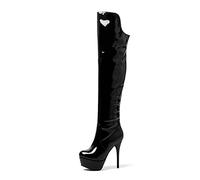 GAOword 13,5 Cm/5,31 Tacchi Alti da Donna Sexy Stivali Alti Fino alla Coscia in Pelle Verniciata Discoteca Prom Party Stivali da Pole Dance con Tacco Alto,Nero,40 EU