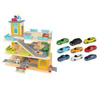 Garage in legno, parcheggio a 3 livelli con ascensore e auto + 9 Metallo Cars