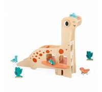 Janod Garage Dino Diplodoco per Bambini-4 Dinosauri su Ruote e 2 Cactus-Sviluppa Le Abilità Fino-Motorie-Legno FSC-dai 24 Mesi, J05835, Multicolore
