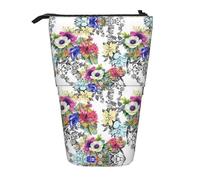 Garden Blossoming Wildflowers Birds Leaves Branches Print Telescopica Standing Pencil Bag/Stand Up Stationery Bag/Makeup Bag/Storage Case, Nero , Taglia unica