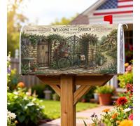 Garden Gate Cottage - Coperture magnetiche per cassetta postale con | Biciclette vintage, copertura per cassetta postale, muro di pietra, accenti floreali, paesaggio cottage