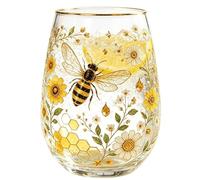Garden Glass Cup - 14oz Embossed Bee/Bird Tumbler, Gold Rim, Tea, Coffee, G