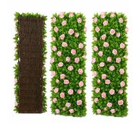 Garden Trellis with Leaves, Expanding Garden Trellis Panels, Artificial Trellis Screening with Ivy and Violet Flower, Artificial Ivy and Violet Flower Fence Screening (Roses*2)