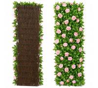 Garden Trellis with Leaves, Expanding Garden Trellis Panels, Artificial Trellis Screening with Ivy and Violet Flower, Artificial Ivy and Violet Flower Fence Screening (Roses*1)