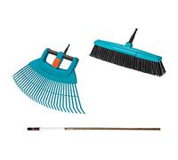 Gardena 17356-60 Combisystem Set per Prato e Pulizia: Composto da Scopa a ventaglio XXL, Scopa Stradale e Manico in Legno, per spazzare Foglie e rifiuti del Giardino e per Pulire i sentieri