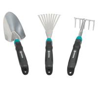 Gardena 8964-60 Set di Piccoli Attrezzi Comfort, Set Ideale per Aiuole e Balconi Composto da Cazzuola per Fiori, Piccola Scopa e Rastrello per Fiori, Metallico, Turchese, Nero