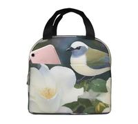 Gardenia - Borsa per il pranzo con fiori e uccelli, per donne e uomini, isolata, riutilizzabile, a prova di perdite, con tasche laterali, contenitori per alimenti freddi, grande, per lavoro, viaggi