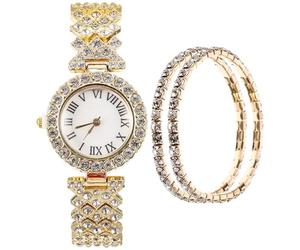 Garneck 2 Pezzi Orologio da Donna con Pi e tre Decorative e Bracciale | Movimento al Quarzo, Stile Lucido e Creativo, Uso Quotidiano, Colore Oro, per Signora e Amiche