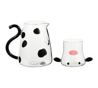 Garneck Cute Cartoon Cow Glass Pitcher Set Cold Water Carafe With Multifunctional Lid Cup For Milk Juice And Beverages Heat-resistant Glass For Home Parties