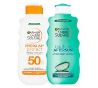 Garnier Ambre Solaire Hydra 24H Protect Protezione Solare Alta SPF 50 Idratante con Vitamina E 175ml + Soothing Aftersun Latte Doposole Rinfrescante Idratante Aloe Vera 175ml - Set da 2