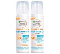 Garnier Ambre Solaire Super UV Over Make-Up Spray Protezione Solare Molto Alta SPF 50+ Raggi UVB UVA e UVA Lunghi Protegge la Pelle e Fissa il Make Up Finish Invisibile Vitamina E - 2 Flaconi da 75ml