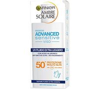 Garnier Ambre Solaire UV Fluido Viso Extra Leggero Advanced Sensitive, SPF 50+, Protezione Molto Alta, Arricchito con Acido Ialuronico, 50 ml