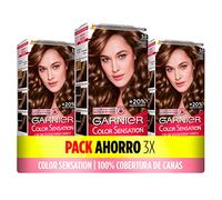Garnier Color Sensation,confezione da 3, colori vivaci e durevoli, copertura completa dei capelli grigi, facile applicazione con ciotola e pennello, capelli morbidi e setosi, 5.0 castano luminoso
