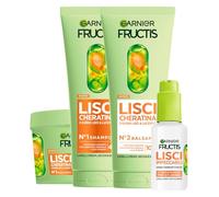 Garnier Fructis Lisci Cheratina Kit con Maschera 370ml + Shampoo 200ml + Siero Termoprotettore Lisci Impeccabili 50ml + Balsamo 200ml per Capelli Crespi Secchi e Spenti - Set da 4
