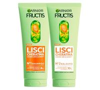 Garnier Fructis Lisci Cheratina Set Balsamo 200ml + Shampoo 200ml Trattamento Lisciante Formula Vegan con Olio d'Argan per Capelli Secchi Crespi e Spenti - Set da 2
