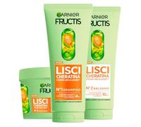 Garnier Fructis Lisci Cheratina Shampoo 200ml Maschera 370ml Balsamo 200ml | Trattamento Lisciante alla Cheratina Vegetale e Olio di Argan per Capelli Crespi e Secchi, Set da 3