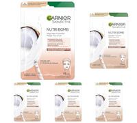 Garnier Maschera di stoffa, maschera viso per pelle secca e stanca, cura intensiva e rivitalizzazione, formula vegana con latte di cocco e acido ialuronico, Nutri Bomb, 28 g (Confezione da 5)