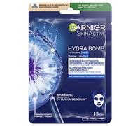 Garnier Maschera di stoffa notturna, maschera viso per pelle stanca e sensibile, rigenerante e idratante, con acido ialuronico, acqua profonda ed estratto di fiordaliso, Hydra Bomb, 28 g