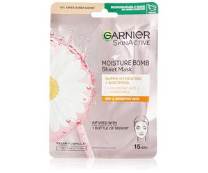 Garnier Moisture Bomb, maschera idratante e lenitiva alla camomilla e acido ialuronico, per pelli sensibili, tessuti biodegradabili e vegani, 28 g