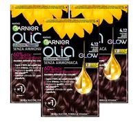 Garnier Olia Tinta Capelli Permanente Senza Ammoniaca Colorazione con Oli di Fiori di Origine Naturale ad Azione Illuminante e Nutriente Colore 4.12 Castano Scuro Freddo Iridescente - 3 Confezioni