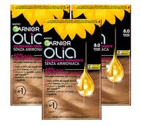 Garnier Olia Tinta Capelli Permanente Senza Ammoniaca Colorazione con Oli di Fiori di Origine Naturale ad Azione Illuminante e Nutriente Colore 8.0 Biondo Chiaro - 3 Confezioni