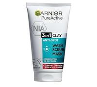 Garnier Pure Active 3 in 1 Clay Mask Wash Scrub 150 ml, con argilla, eucalipto e acido salicilico, detergente viso per pelli grasse